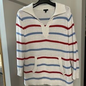 Talbots Johnny collar v neck cotton sweater, white w/blue & red stripes sz Lg